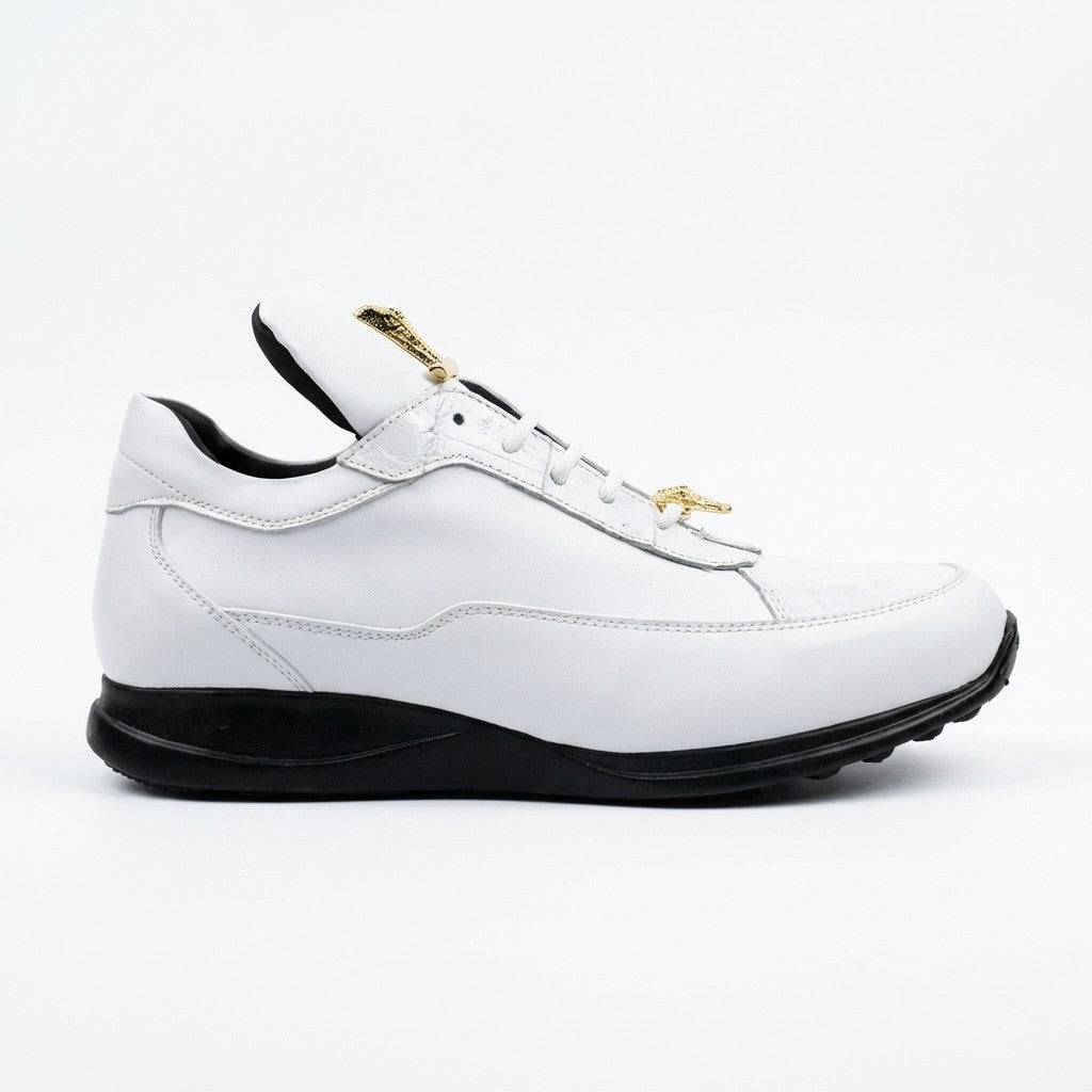 Mauri 8900 white Napa leather and crocodile sneakers with sleek design and textured leather details.