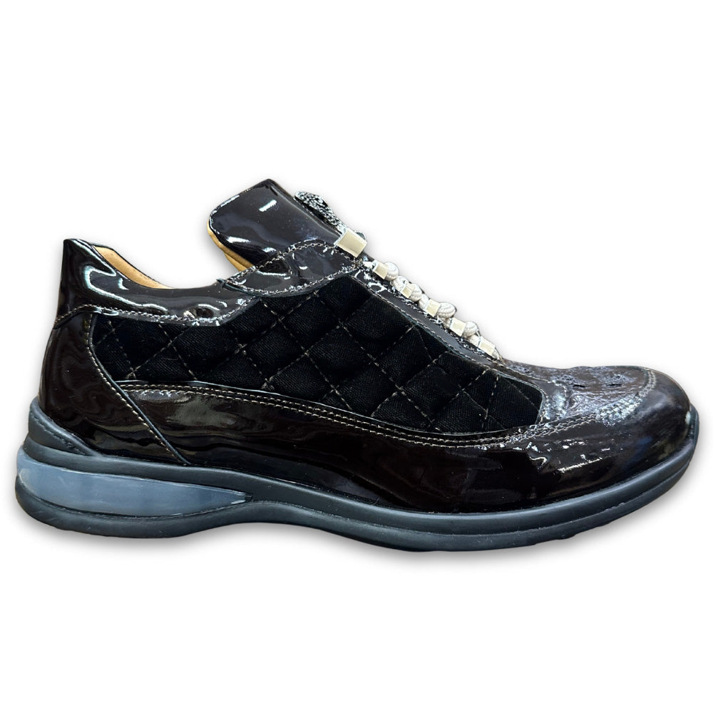 Mauri 8415 patent leather, hornback, and velvet sneakers featuring sleek design and mixed textures, perfect for stylish casual wear.