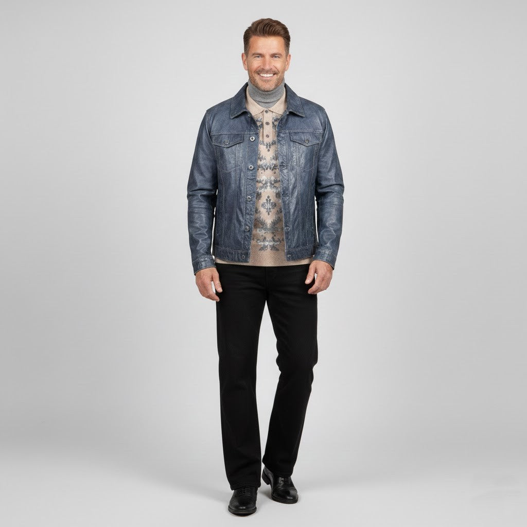 Missani Le Collezioni BF leather jean jacket, stylish coat with classic design, black leather material, front pockets, and button closure.