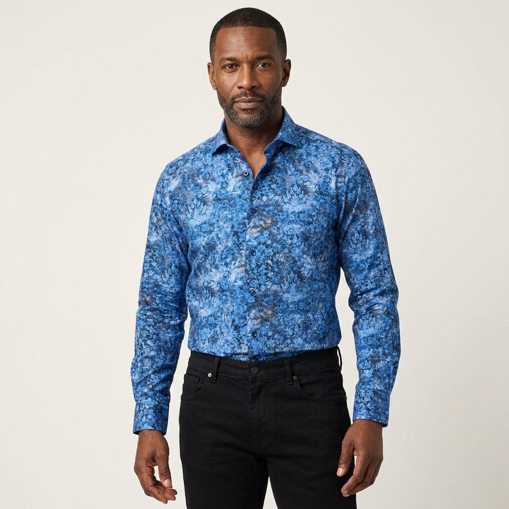 Blue Andrea Bossi floral design dress shirt displayed flat, showcasing intricate floral patterns and classic collar detail.