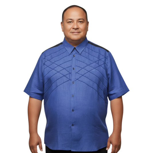 Torras Blue Leather Trimmed Linen Button Up - Cellini Uomo 