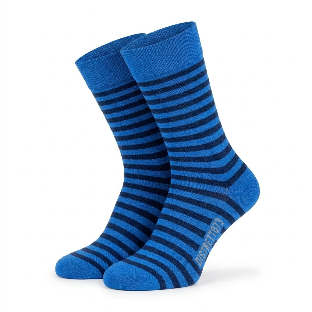 Blue navy Cellini Uomo Distretto73 Men's Filoscozia cotton striped crew socks on display
