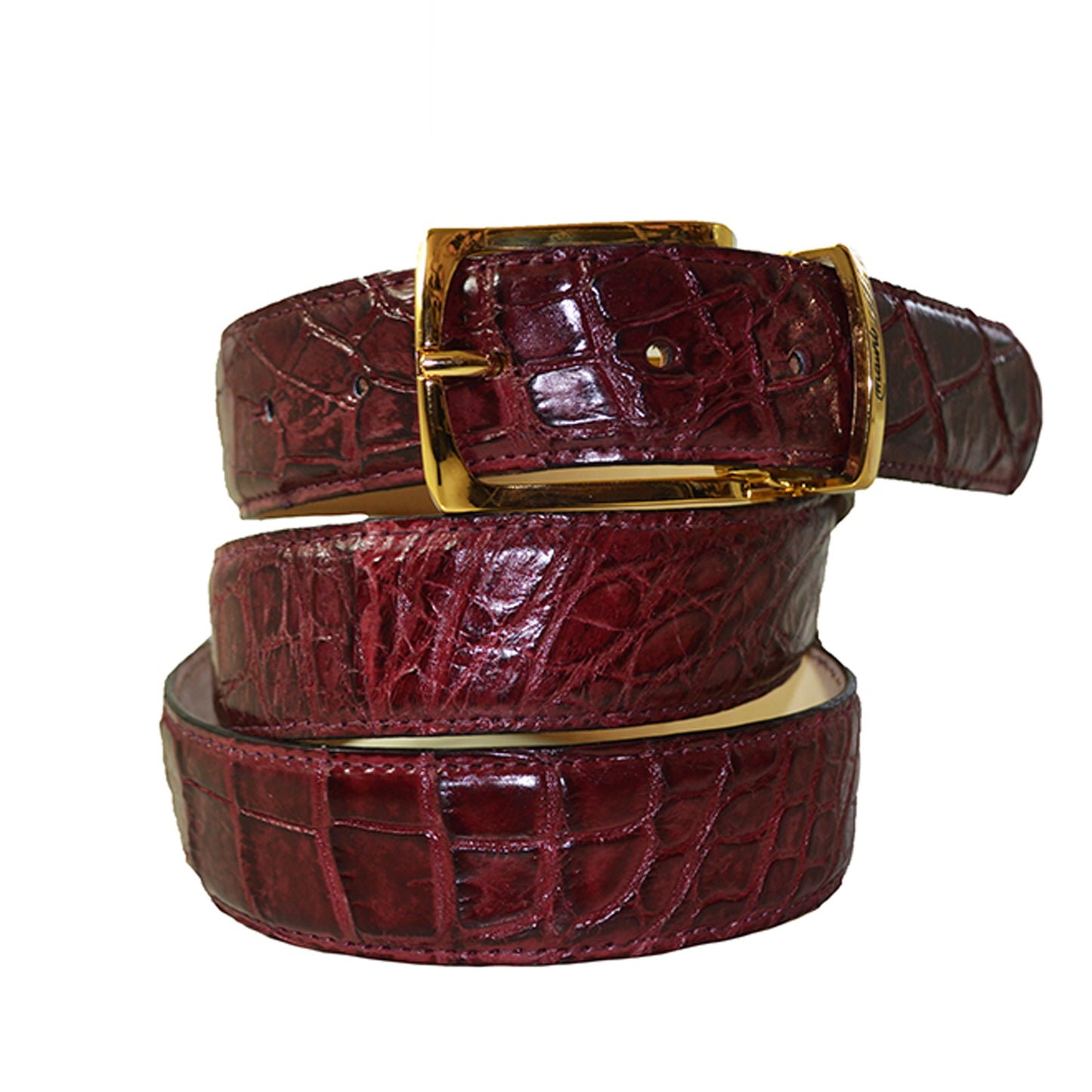 Mauri alligator belt in burgundy leather, featuring a sleek buckle design for stylish men's accessory.