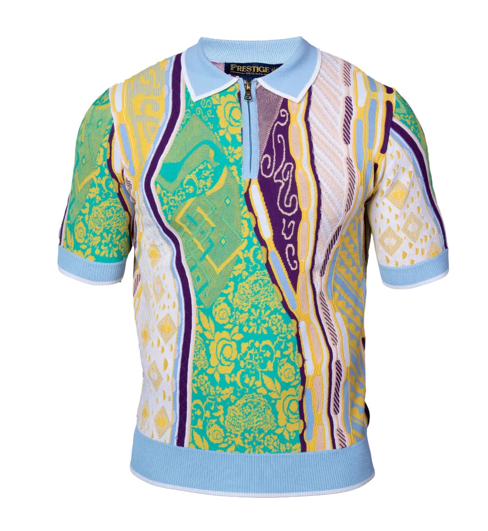 Prestige multi-color knit design polo shirt in blue, featuring a classic collar and button placket.