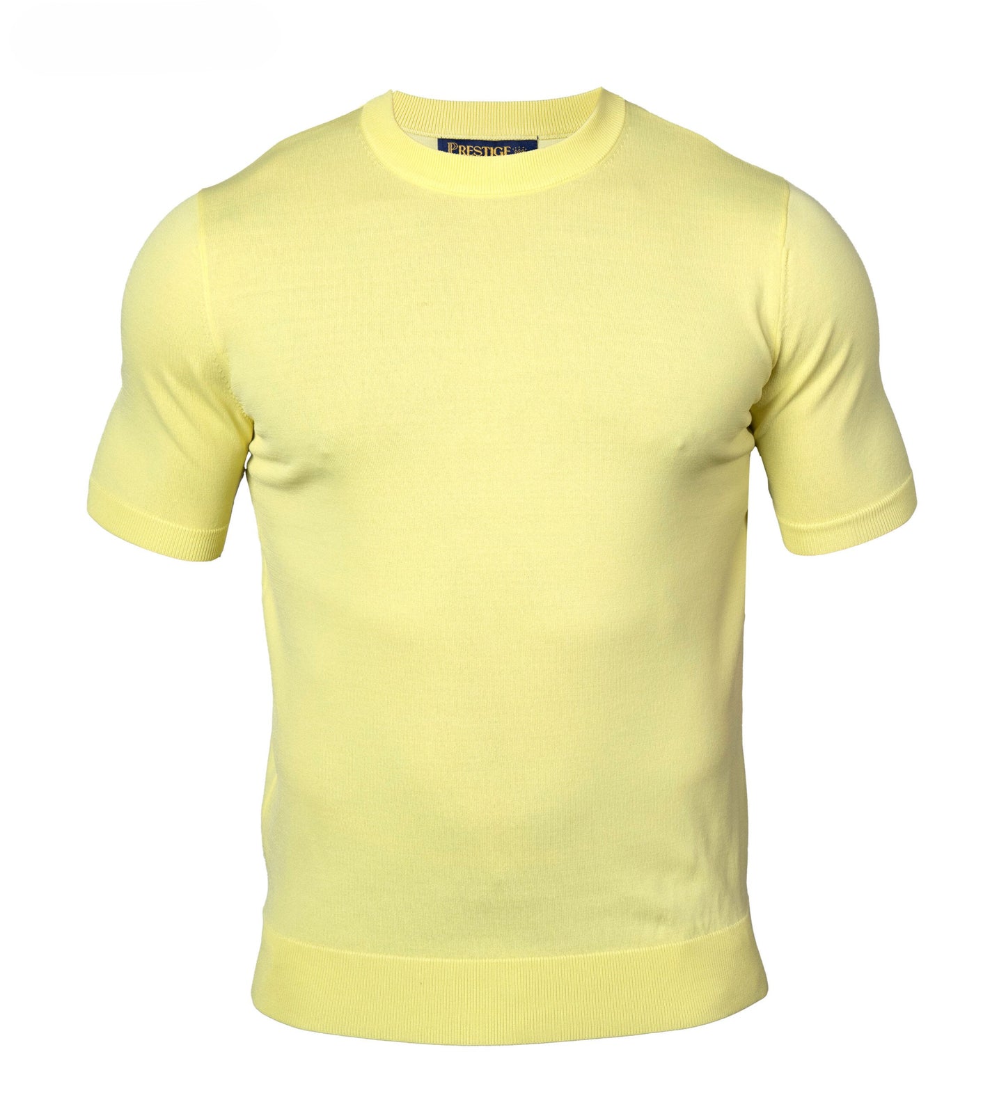 Prestige crew neck short sleeve shirt in lemonade color, made of comfortable fabric, displayed on a hanger.