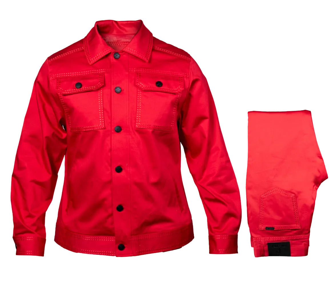 Red Prestige Denim COJ 300 v3 coat featuring a stylish denim design with a button-up front and classic collar.