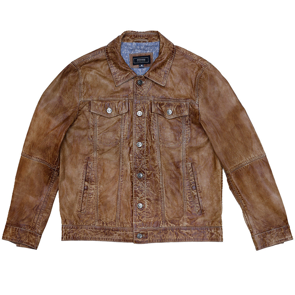 Missani Le Collezioni BF Leather Jean Jacket in Cognac, stylish coat with classic design, visible leather texture and button details.