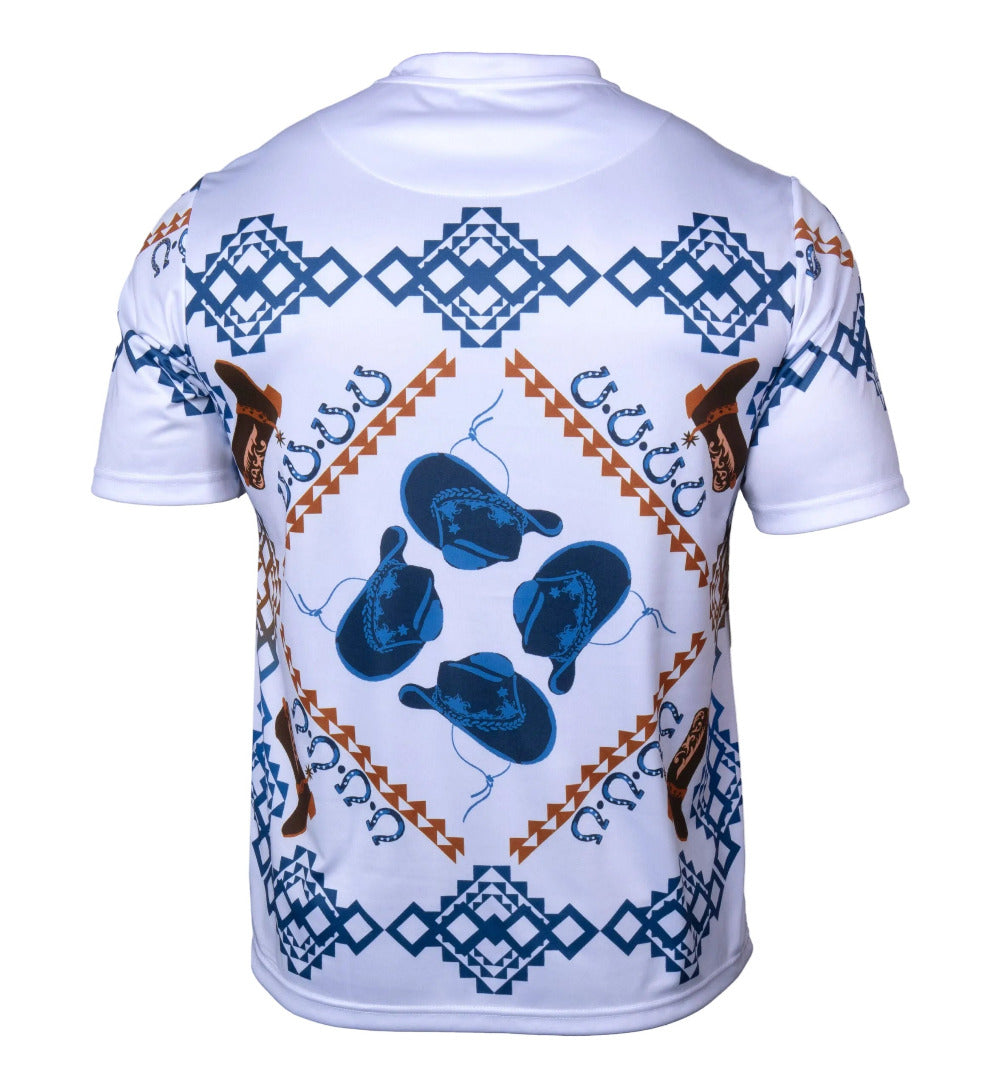 White graphic shirt by Prestige, model DPP-620, featuring a stylish design and casual fit, displayed on a hanger.