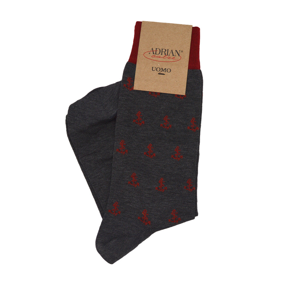 Dark gray Cellini Uomo Filoscozia cotton Seaport socks featuring nautical anchor design, perfect for men's casual apparel.