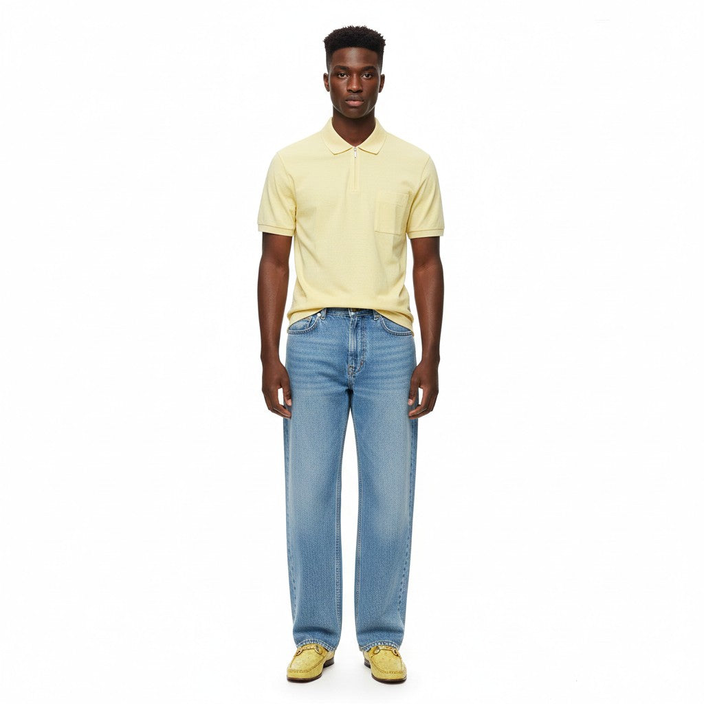 Light gray Monetchiaro half zip short sleeve polo shirt made from Italian cotton, featuring a sleek collar and modern design.