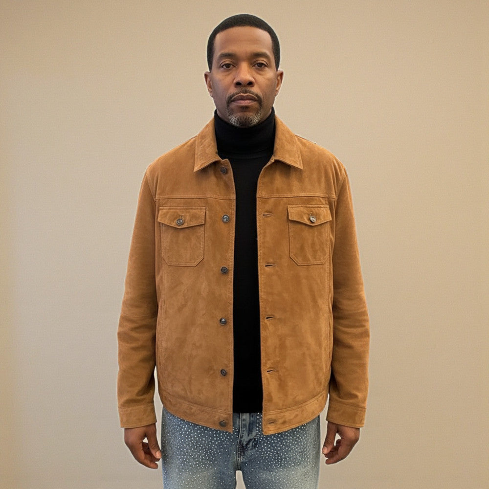 Torras goat suede jacket in high-quality soft brown suede, stylish coat with a classic collar and button closure.