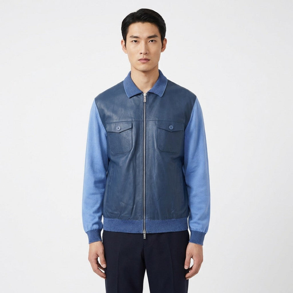 Blue Torras L42E423A leather and knit jacket displayed on a hanger, showcasing its stylish design and mixed material construction.