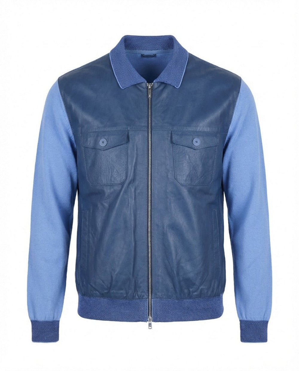 Blue Torras L42E423A leather and knit jacket, stylish coat with mixed material design, displayed on a mannequin.