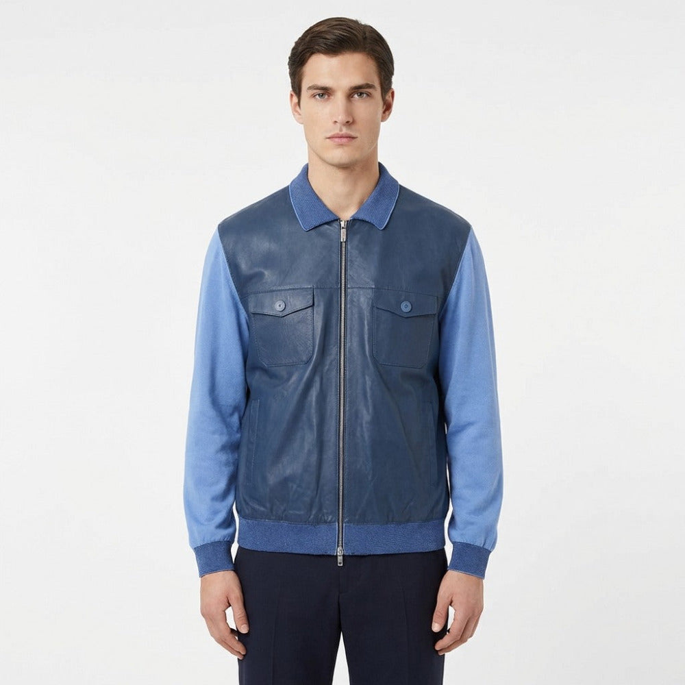 Torras L42E423A blue leather and knit jacket, stylish coats and jackets with a fitted design and textured fabric details