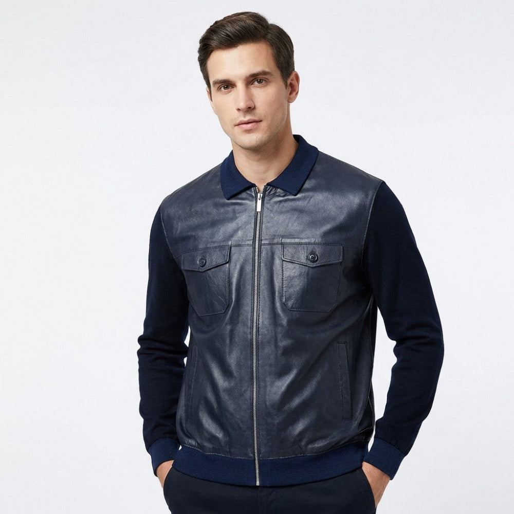 Navy Torras L42E423A leather and knit jacket with a stylish collar, displayed on a hanger against a neutral background.