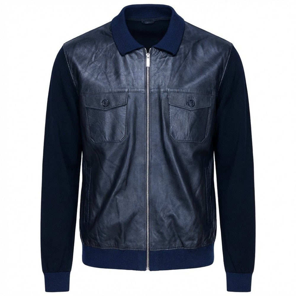 Navy Torras L42E423A leather and knit jacket featuring a stylish collar and textured design, perfect for casual wear.