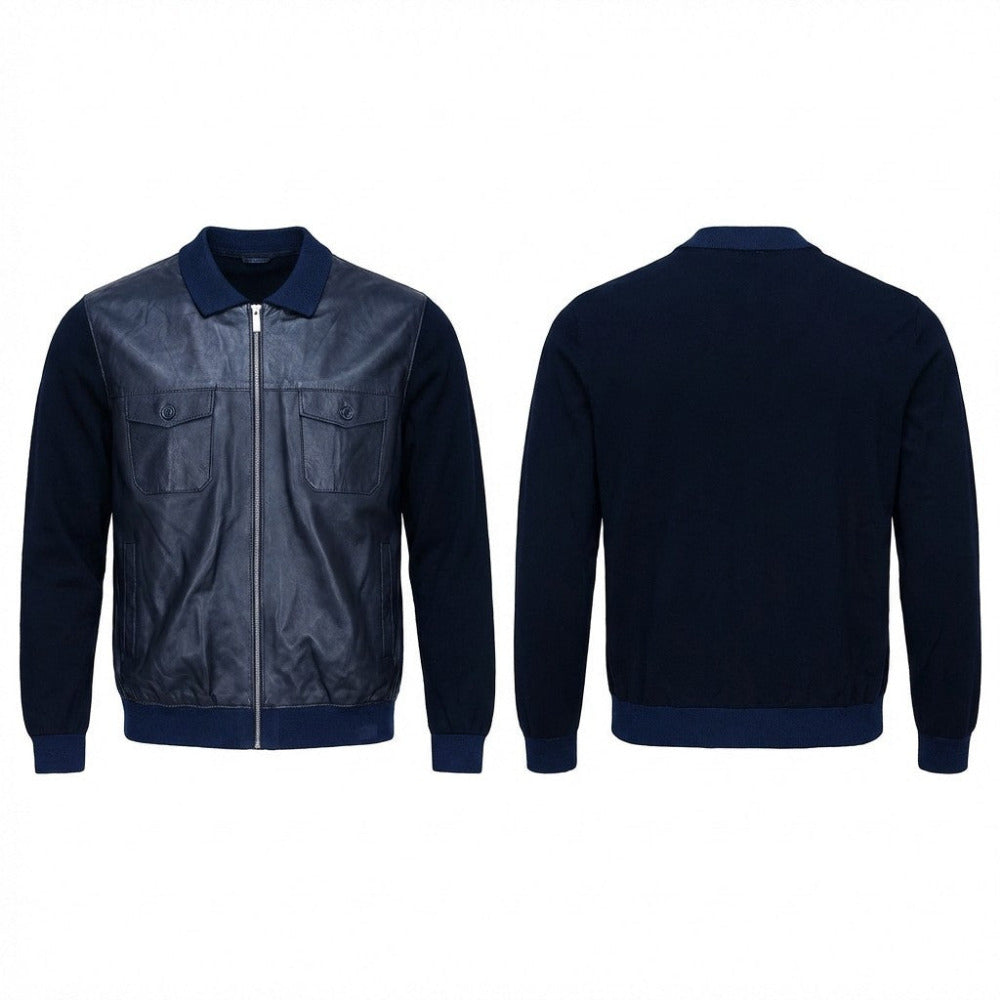 Navy Torras L42E423A leather and knit jacket with a stylish collar, displayed on a hanger.