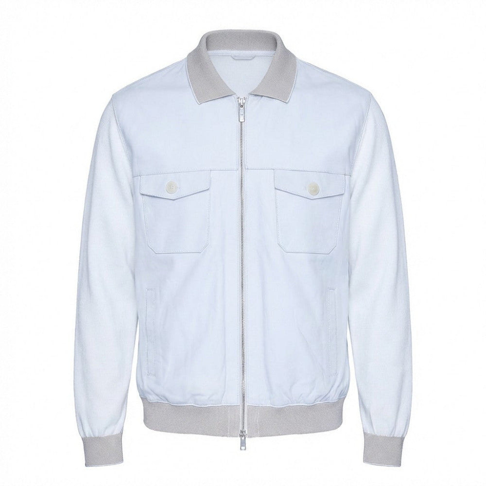 White Torras L42E423A leather and knit jacket featuring a stylish design, displayed on a hanger against a plain background.