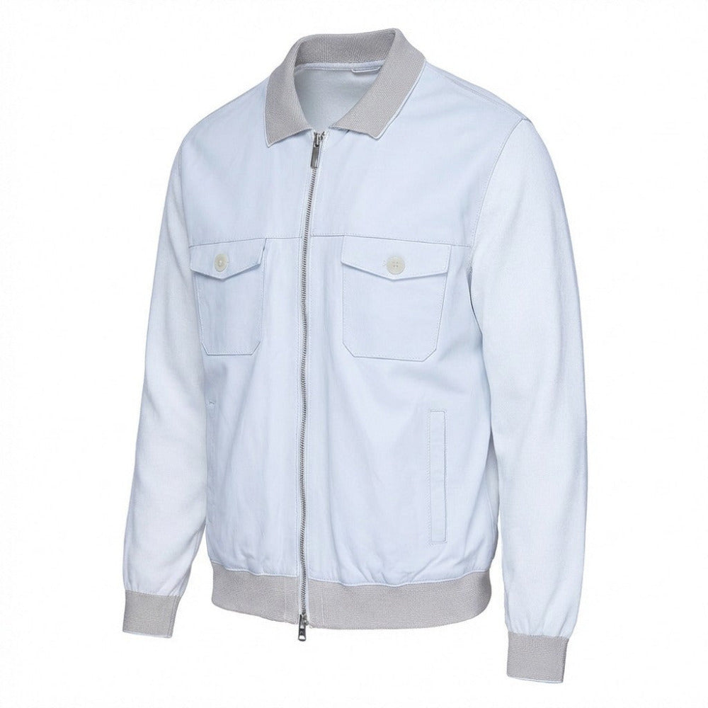 White Torras L42E423A leather and knit jacket, stylish coat with a mixed leather and knit design, displayed on a hanger.