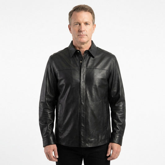 Torras Premium Leather Shirt L87313 displayed on a hanger, showcasing the sleek black leather material and classic shirt design.