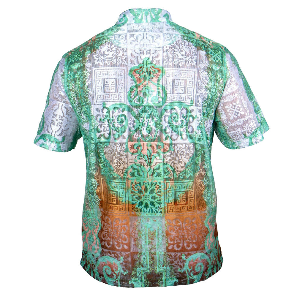 Mint green Prestige Lace Button-Up Shirt 506 with intricate lace details, long sleeves, and a classic collar.