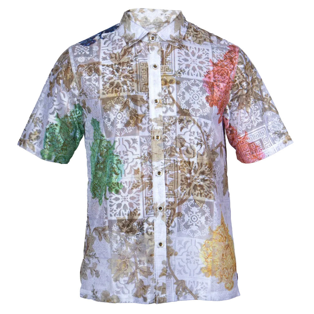 Prestige Lace Button Up Shirt 515 in pastel color, featuring delicate lace fabric and classic collar, casual stylish top.