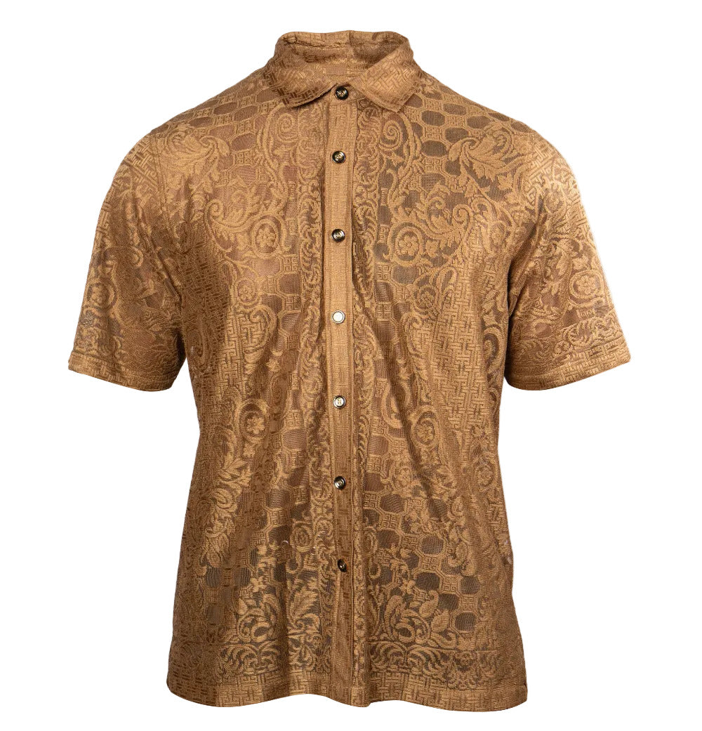 Khaki Prestige Lace Button Up Shirt 585, stylish shirt with lace details and button closure, perfect for casual or formal wear.