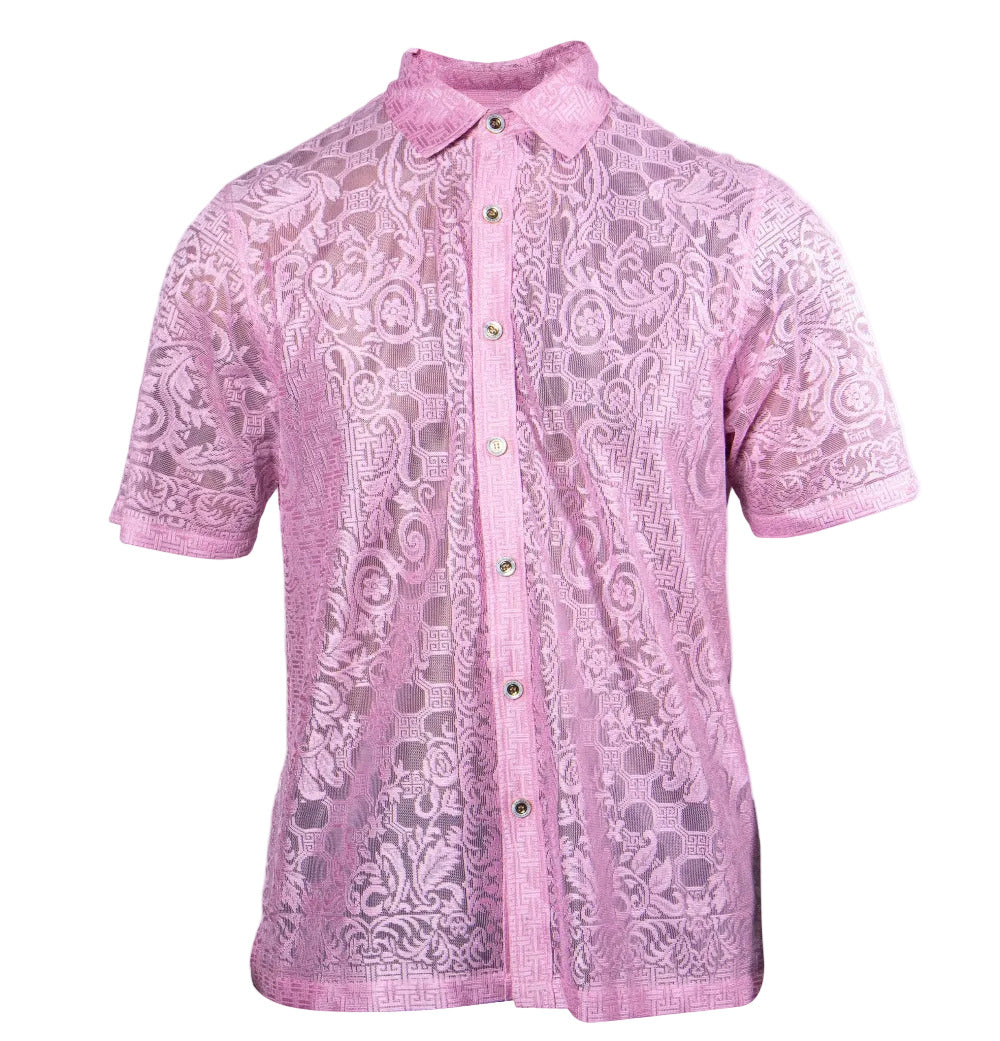 Pink Prestige Lace Button Up Shirt 585, stylish blouse with lace details and button closure, perfect for casual or formal wear.