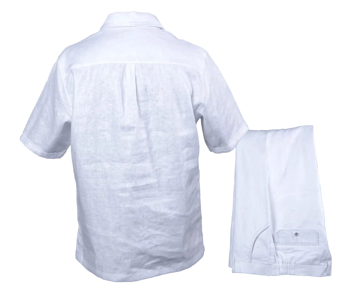 Prestige Linen Set LUX-630 in white, featuring a comfortable clothing ensemble with soft, breathable linen fabric.