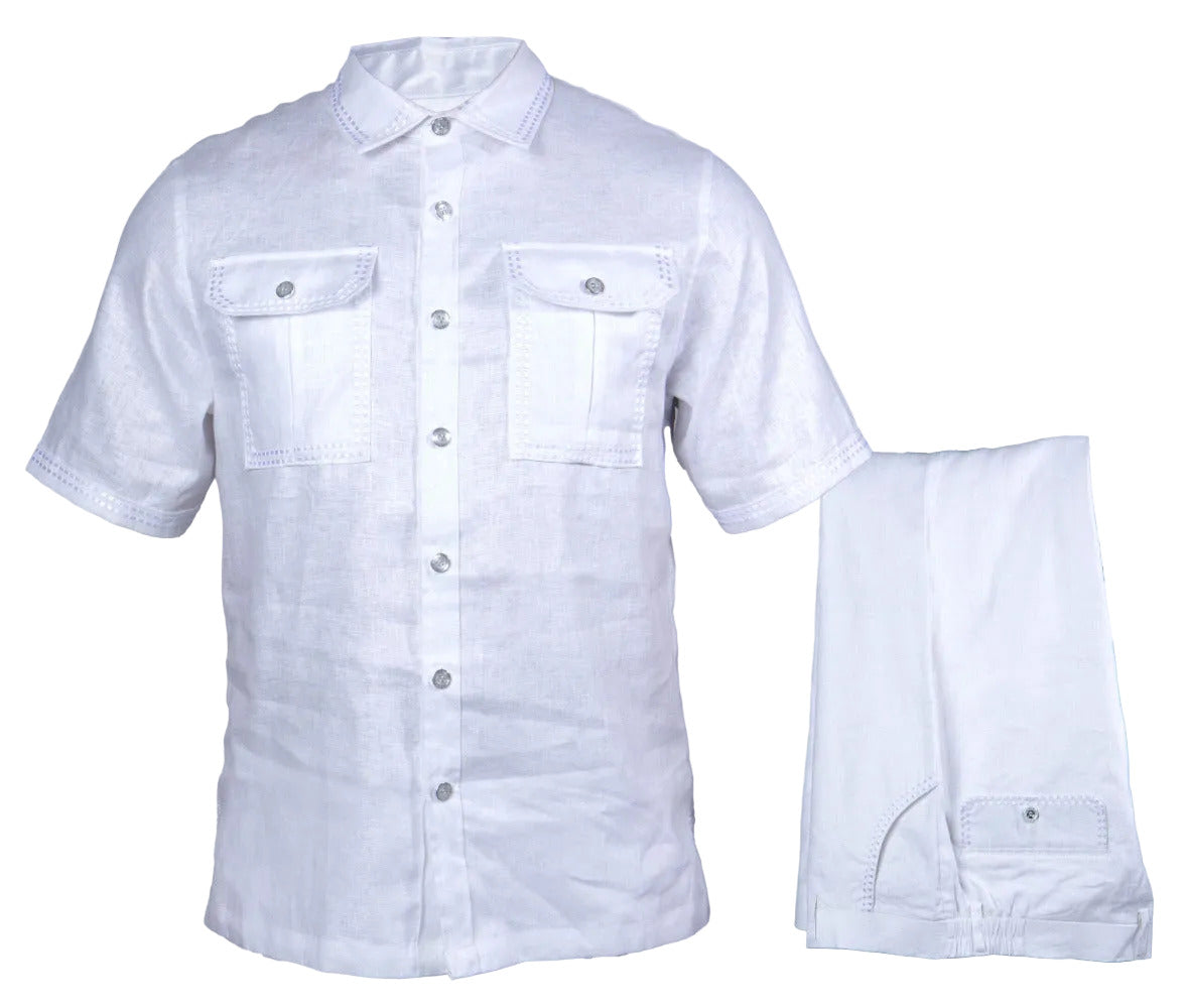 White Prestige Linen Set LUX-630 clothing laid flat, showcasing the soft, breathable linen fabric and stylish design.