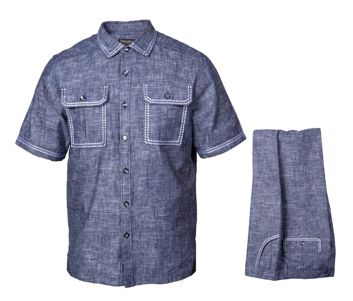 Prestige linen clothing set in indigo, luxurious fabric with a stylish design, perfect for comfortable, elegant wear.