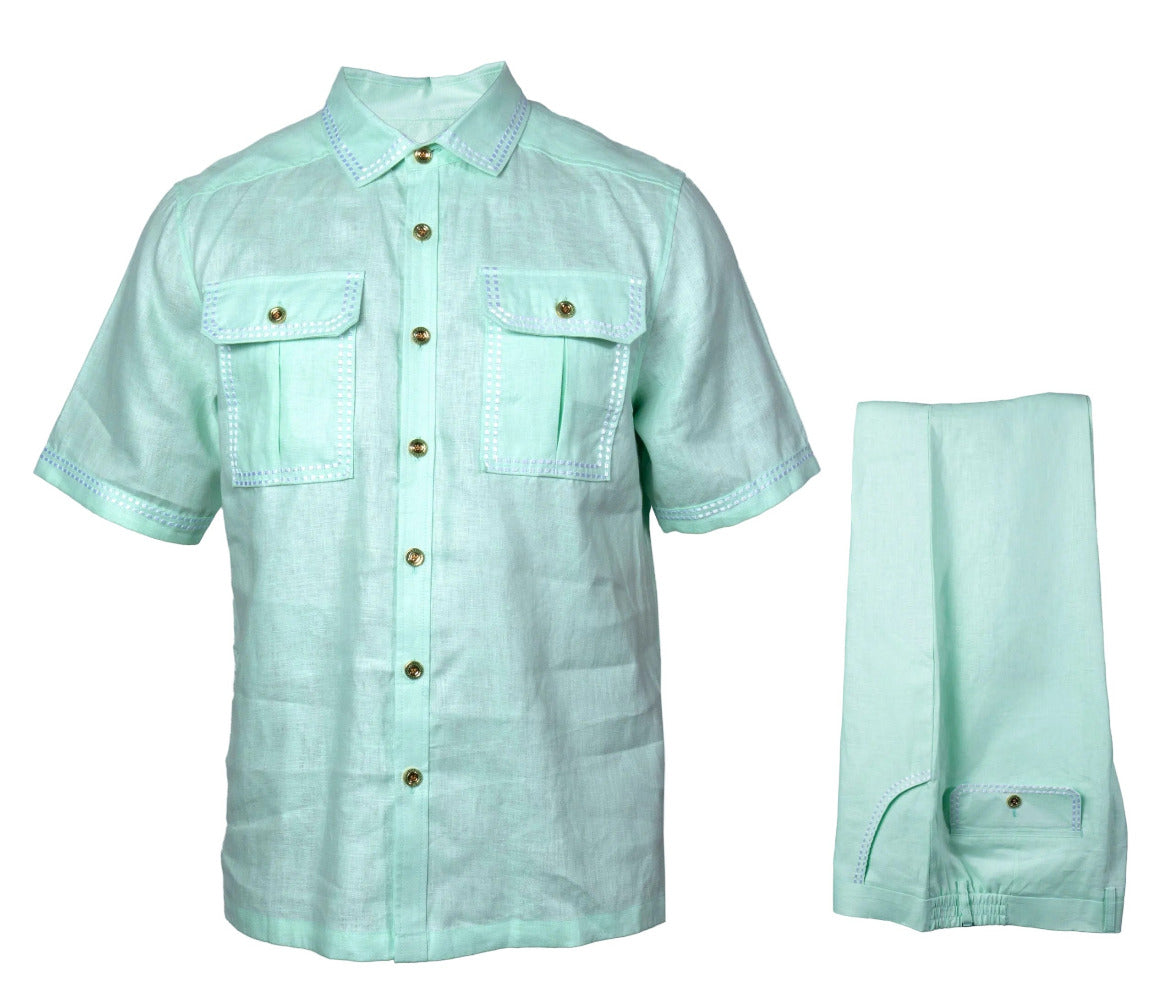 Prestige Linen Set LUX-630 in mint color, stylish clothing with a soft linen fabric, displayed on a hanger.