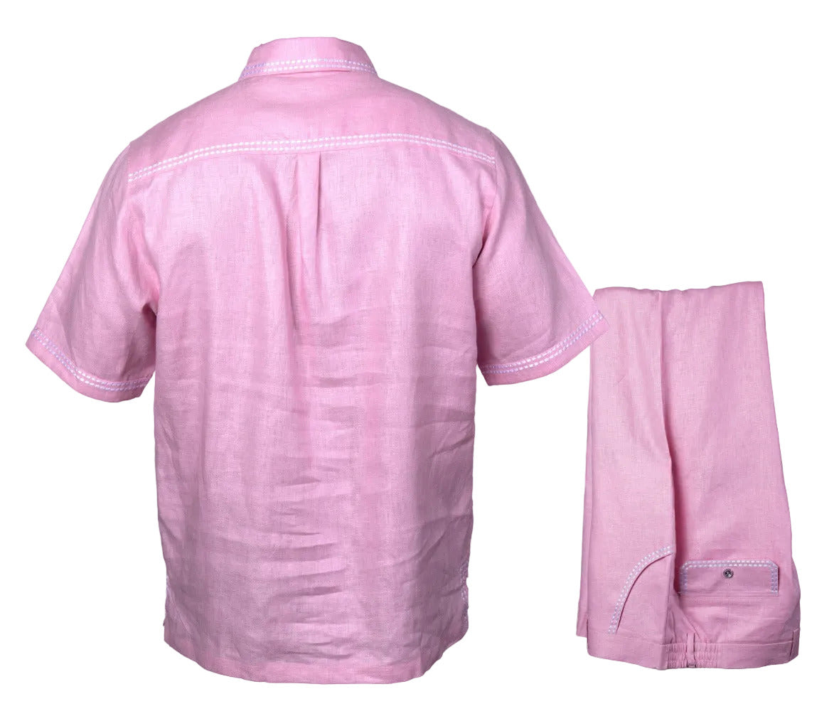 Prestige linen clothing set in pink, featuring soft fabric and stylish design, perfect for comfortable and elegant wear.
