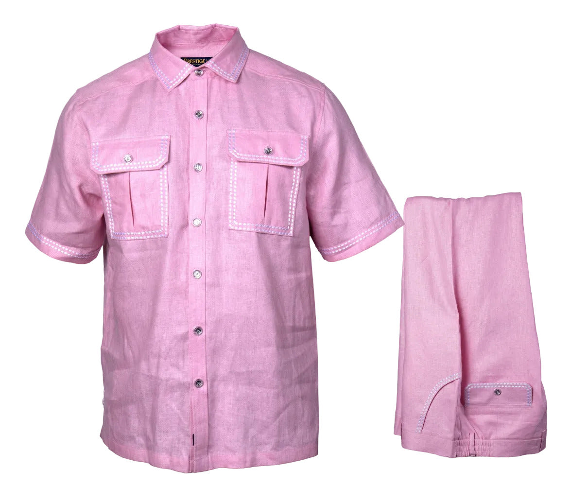Pink Prestige Linen Set LUX-630 clothing laid out flat, showcasing the soft, luxurious fabric and stylish design.