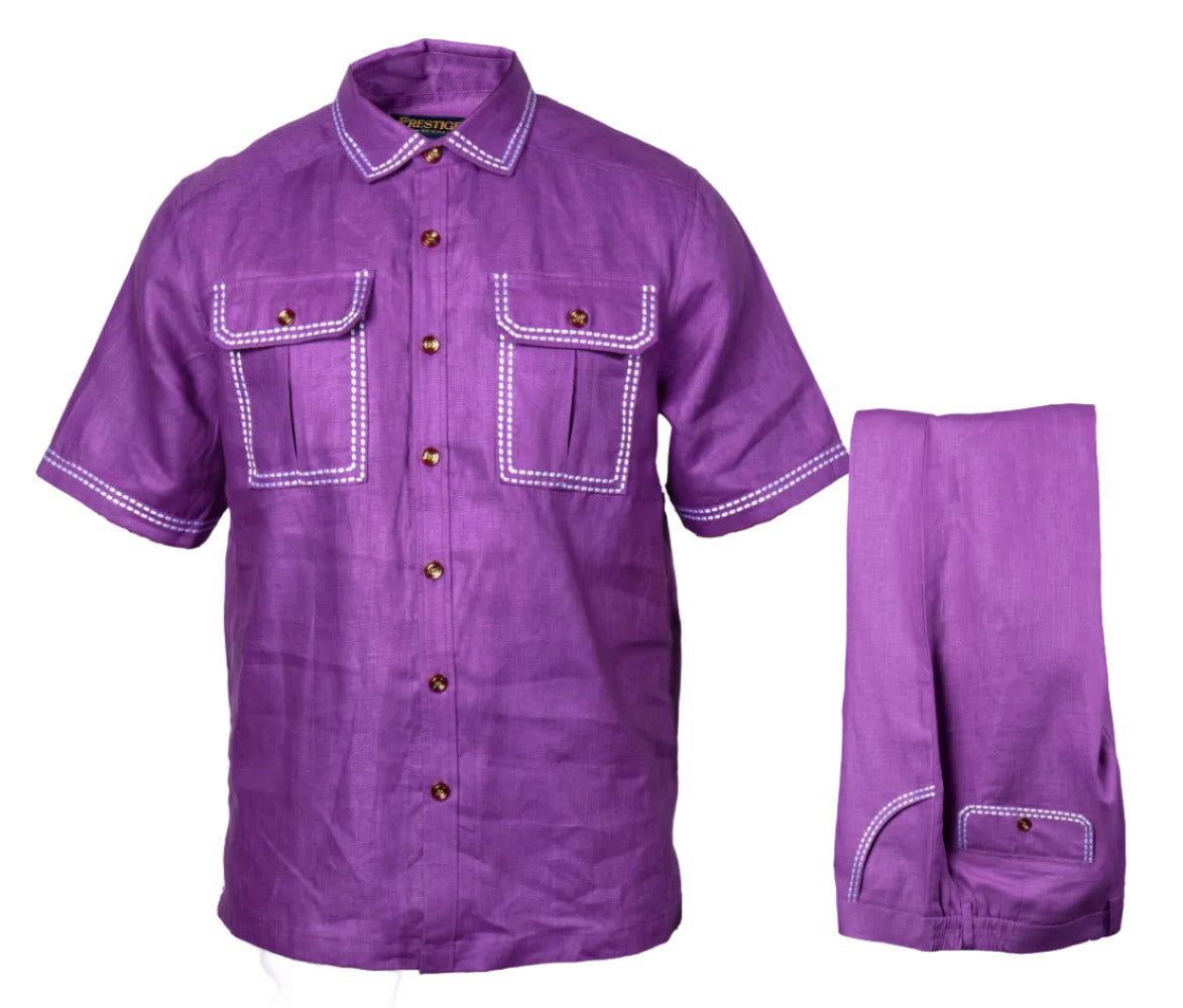 Purple Prestige Linen Set LUX-630 clothing laid out, showcasing soft fabric and stylish design for comfortable wear.
