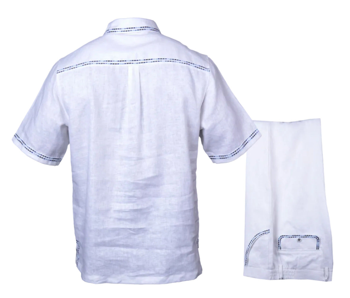 Prestige linen clothing set in white, navy, and black with comfortable, stylish fabric and modern design.