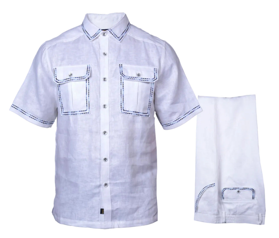 Prestige Linen Set LUX-630 in white and navy featuring lightweight, comfortable clothing fabric with a stylish design.