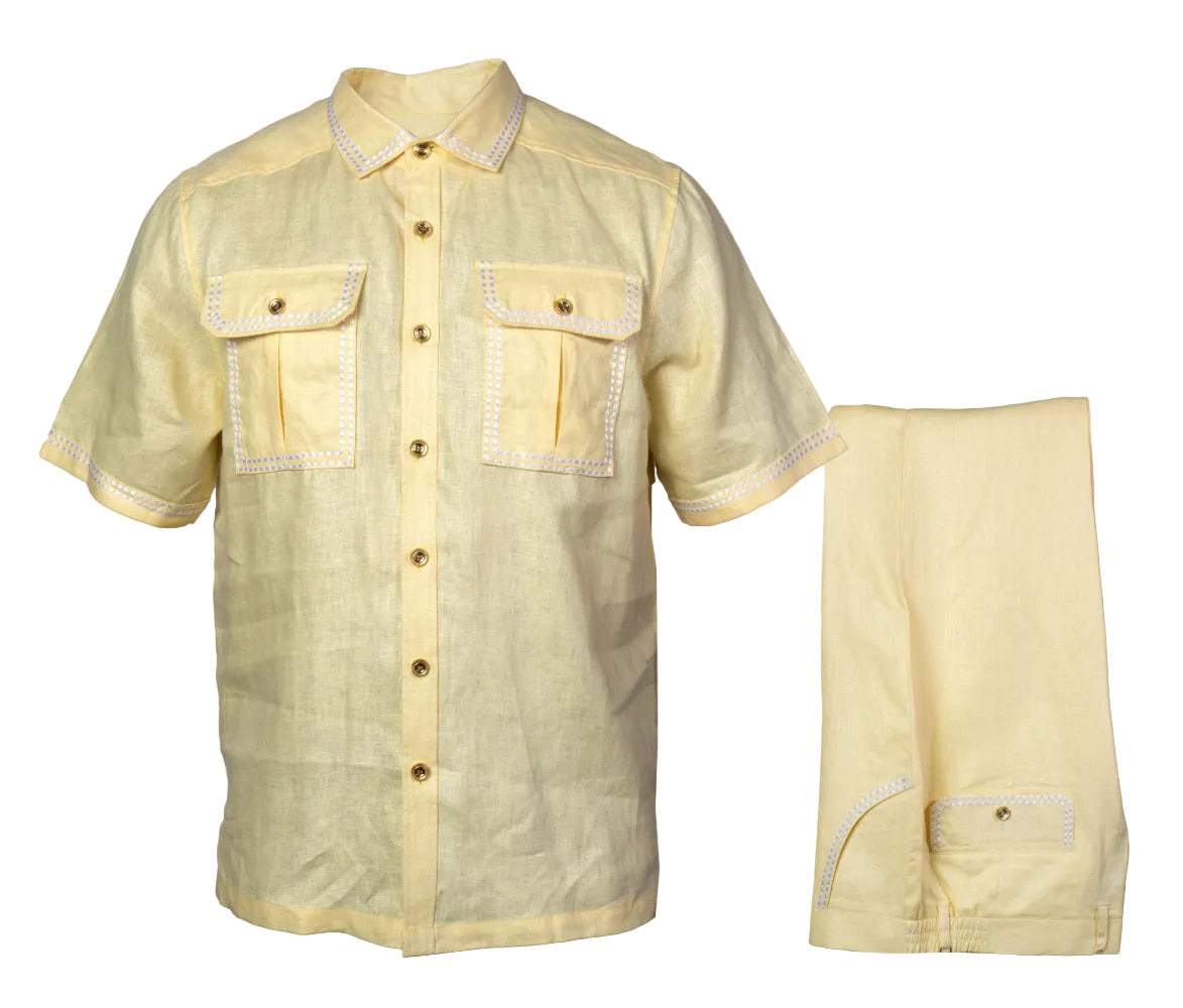 Yellow Prestige Linen Set LUX-630 clothing, featuring a comfortable, stylish linen outfit with a relaxed fit and natural fabric texture.