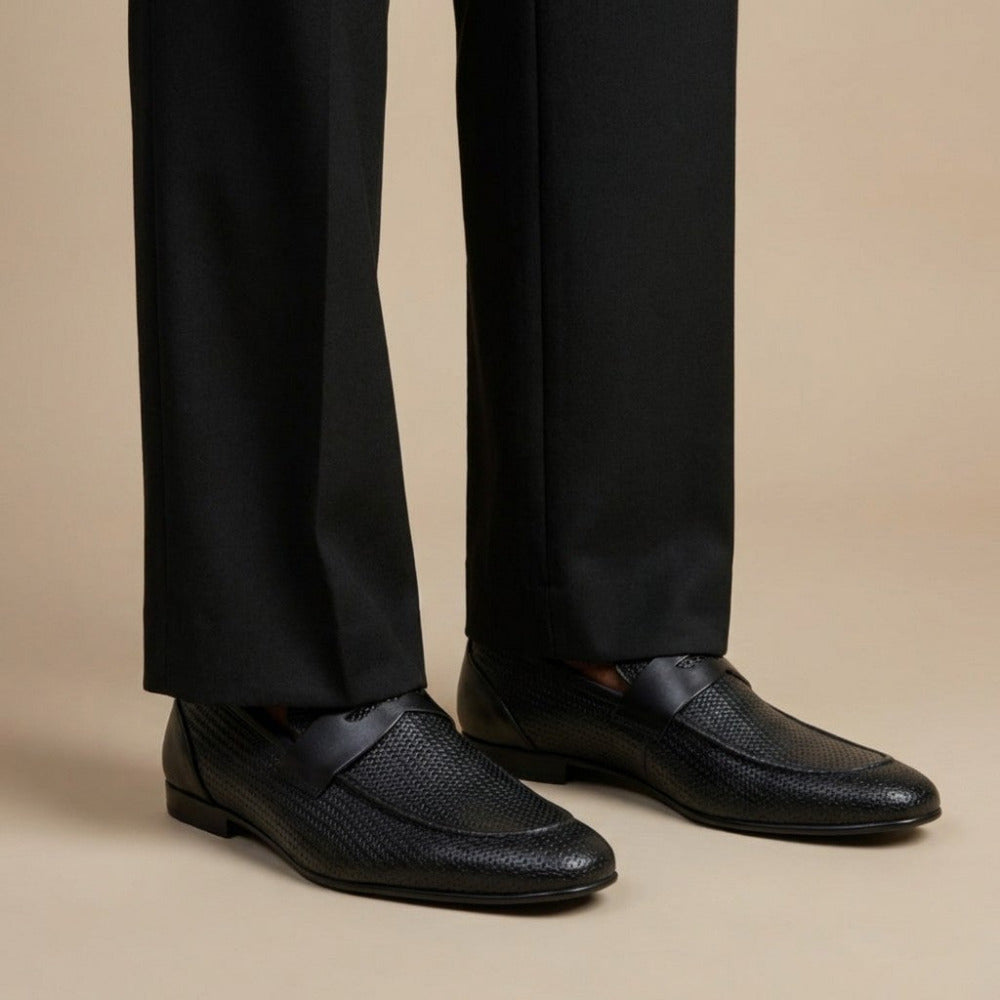 Bruno Magli Lastra woven leather loafer showing detailed stitching and classic slip-on design for men.