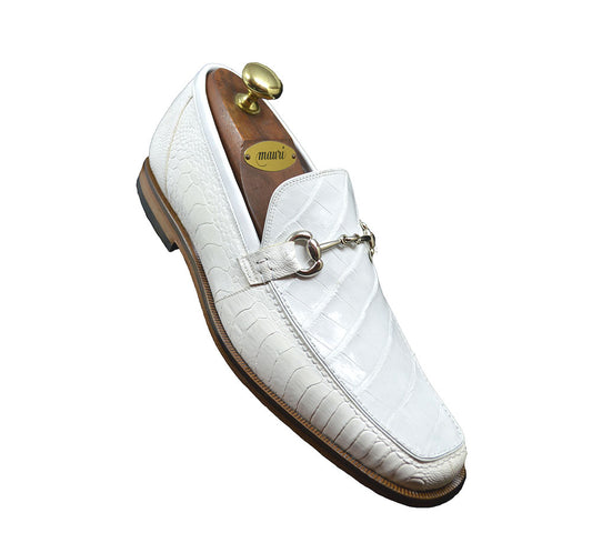 Mauri 4692 alligator slip-on loafer last pair in white, showcasing the sleek leather and classic design.