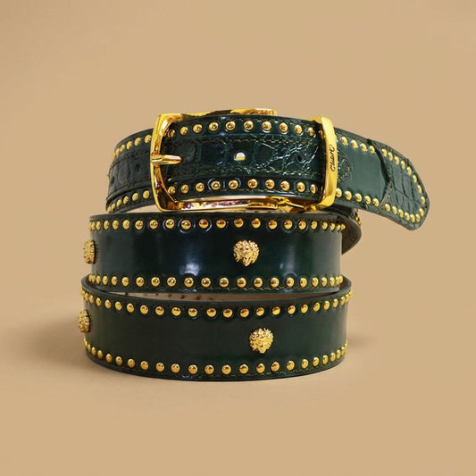 Mauri alligator and patent leather belt with adjustable buckle, featuring a sleek, shiny finish and detailed reptile texture.