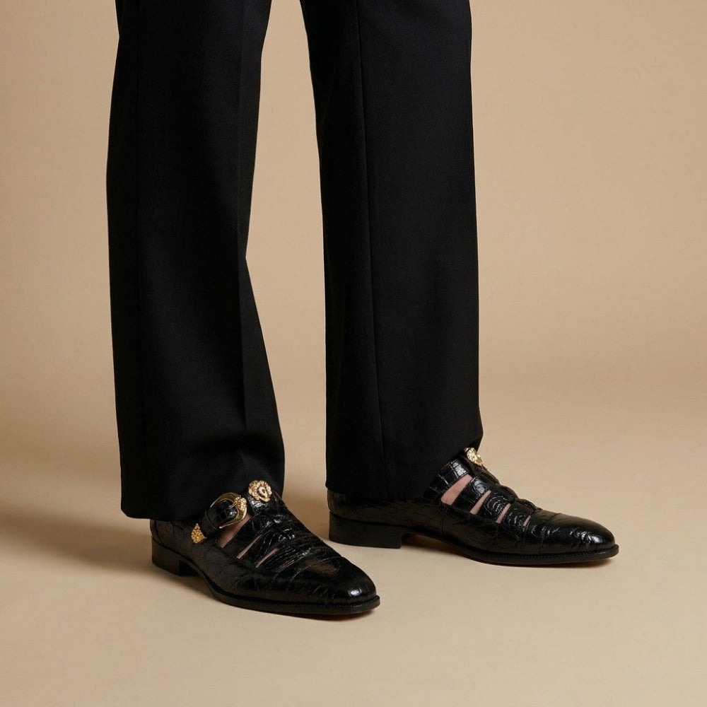 Black Mauri 3082 men's exotic alligator leather sandals with open toes and strap design, showcasing luxurious craftsmanship.