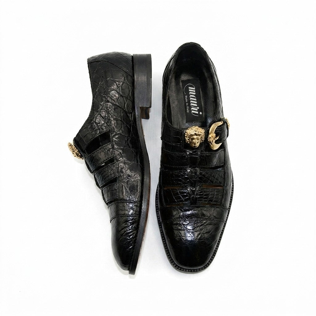 Black Mauri 3082 men's exotic-skin alligator sandals with open toes and stylish design, showcasing luxurious leather details.