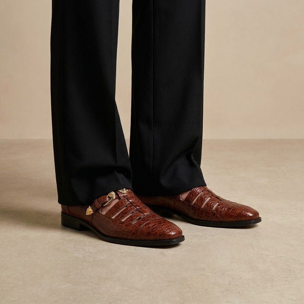 Mauri 3082 men's exotic-skin alligator sandals in cognac with open toe design and adjustable ankle strap.