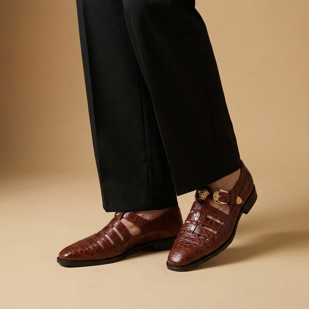 Mauri 3082 men's exotic-skin alligator sandals in cognac with open toe and strap design, showcasing luxurious textured leather.