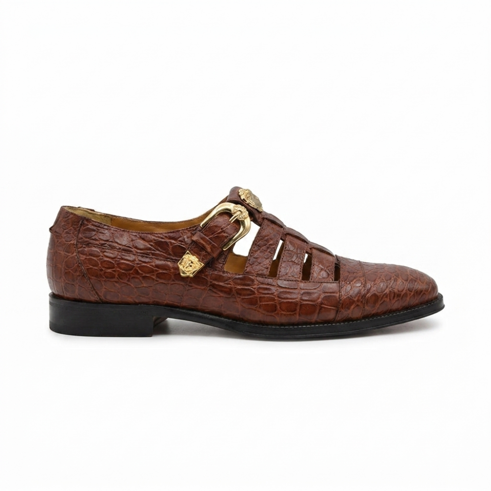 Mauri 3082 men's exotic skin alligator sandals in cognac color with open toe design and adjustable straps.