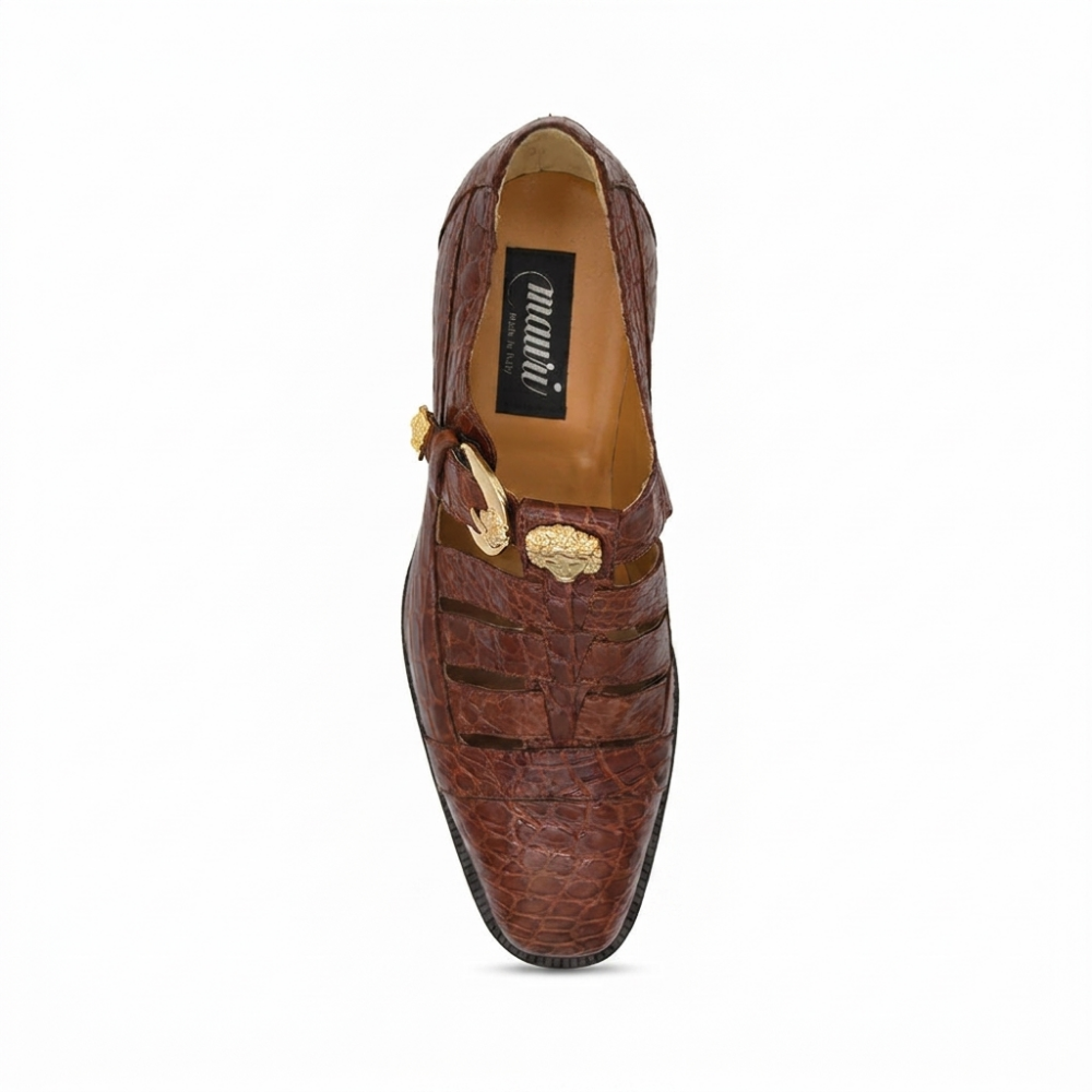 Mauri 3082 men's exotic alligator skin sandals in cognac brown with open toe and adjustable strap for stylish comfort.
