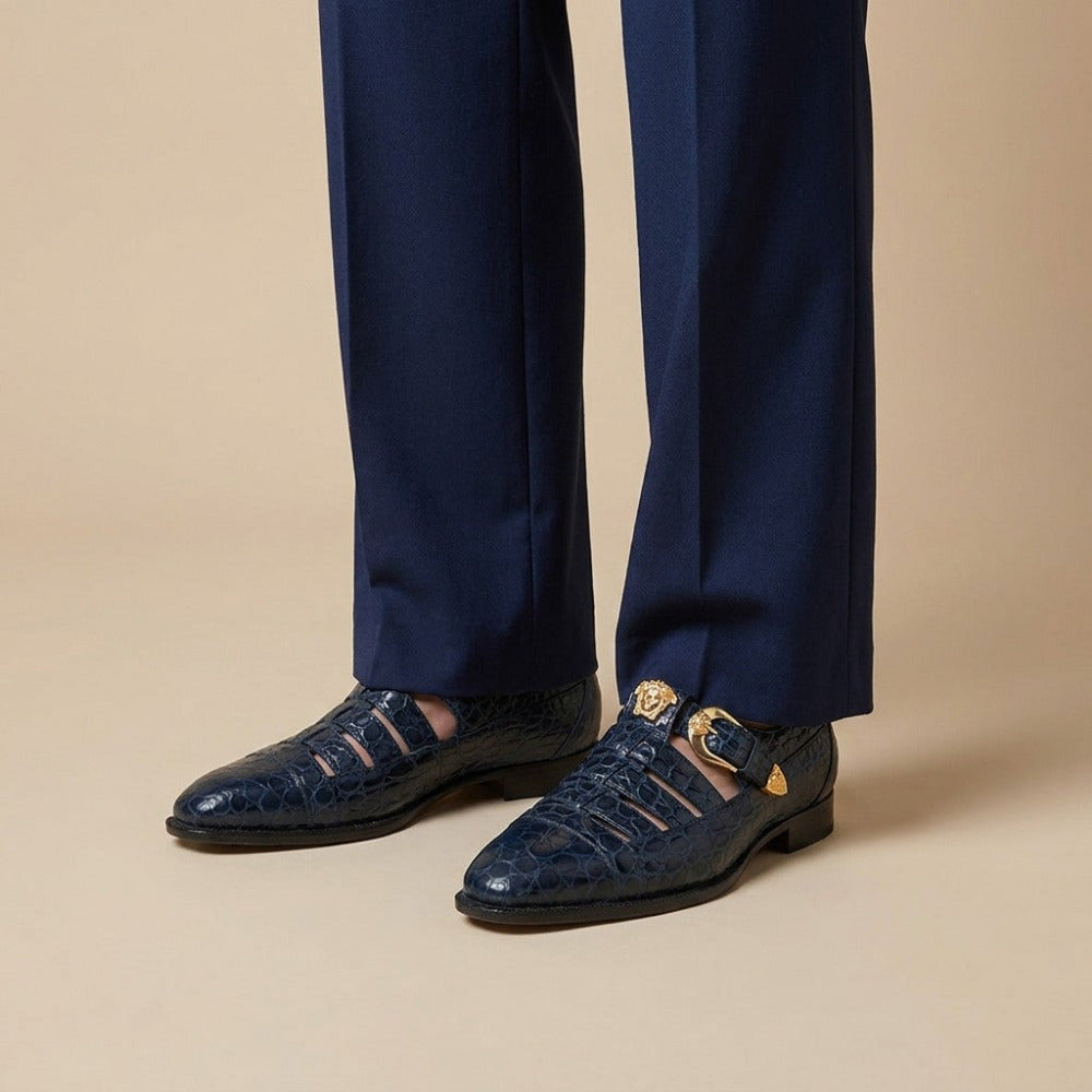 Navy Mauri 3082 men's exotic-skin alligator sandals with open toes and buckle straps, showcasing luxurious leather detailing.