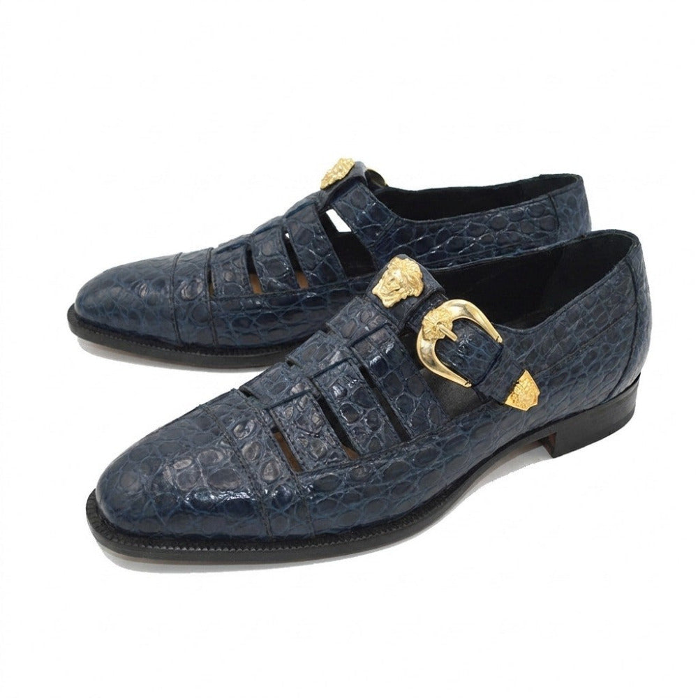 Navy Mauri 3082 men's exotic alligator leather sandals with open toes and adjustable straps, showcasing luxury footwear style.