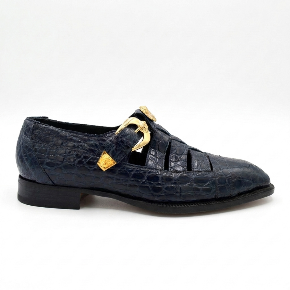Navy Mauri 3082 men's exotic alligator leather sandals with open toe and strap design, showcasing luxurious textured skin.